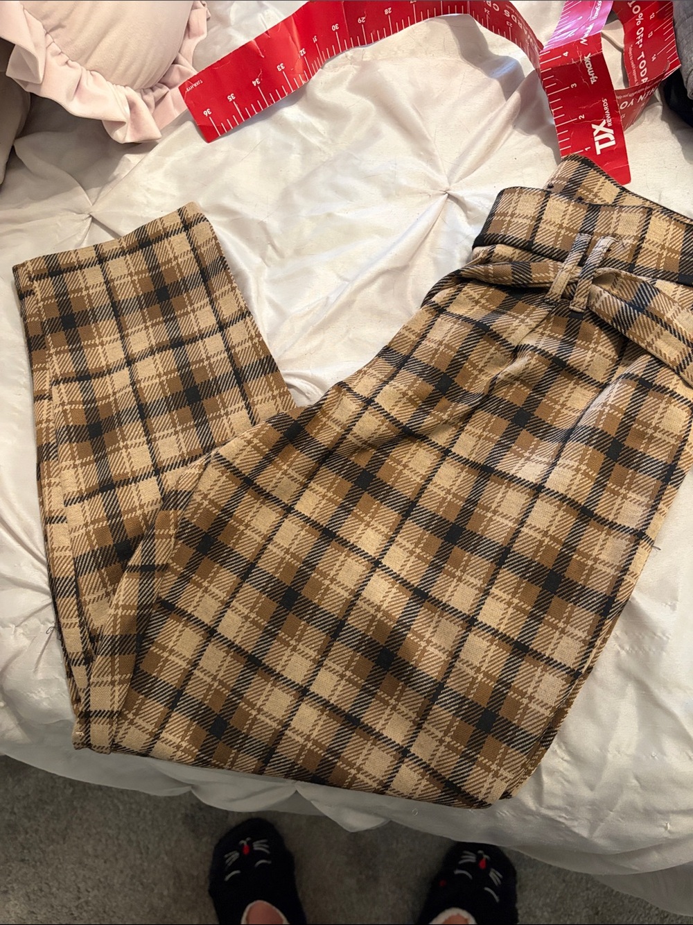 Jules & Leopold Tan and Black Plaid Paperbag Trousers